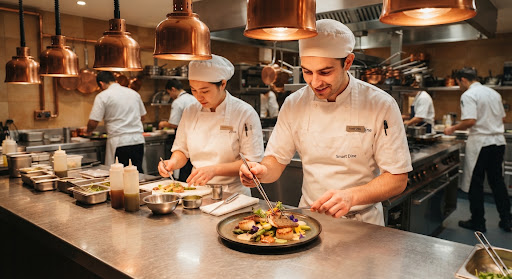 Chef plating a dish in a restaurant kitchen